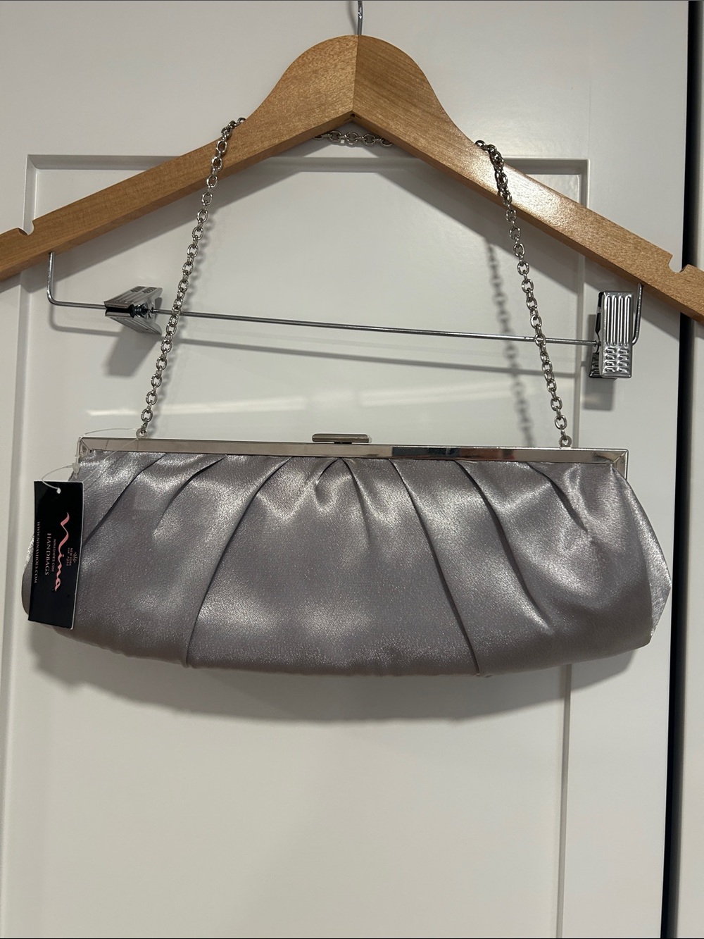 Metallic Silver Pleated Satin Chain Clutch